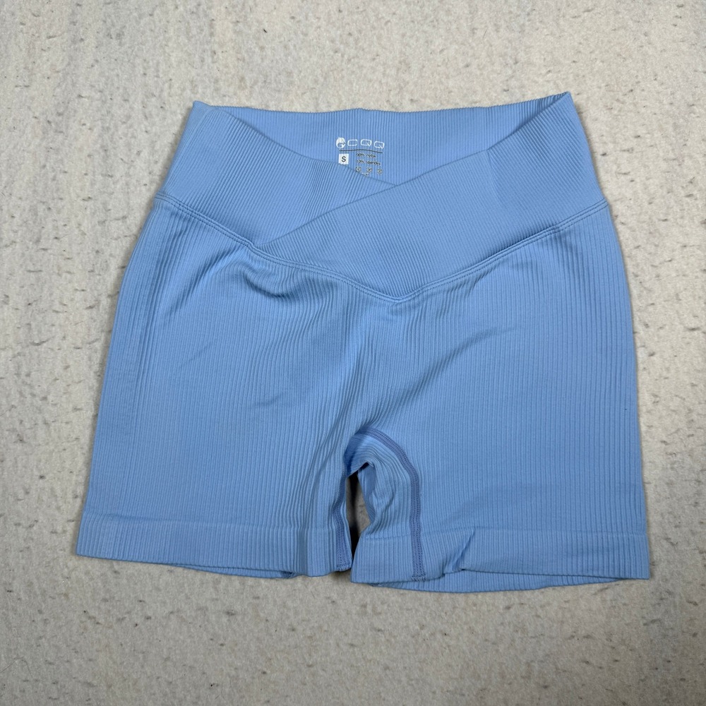 GOQQ Womens Light Blue Ribbed Crossover V-Waist Athletic Biker Shorts Small